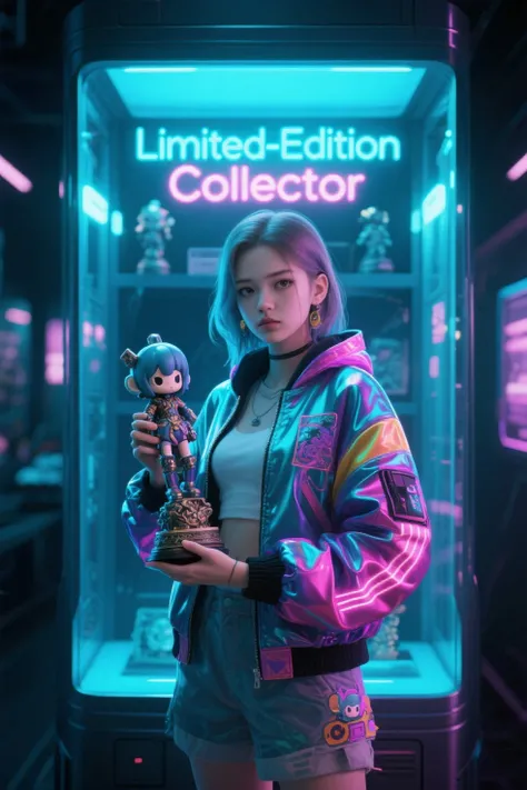 A hyper-detailed alter ego figure of a female young collector, standing proudly in a futuristic display case, wearing a vibrant ...