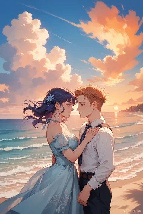 A man and woman standing together on a beautiful beach at twilight, gazing at the sea as the orange sunset touches the horizon. ...