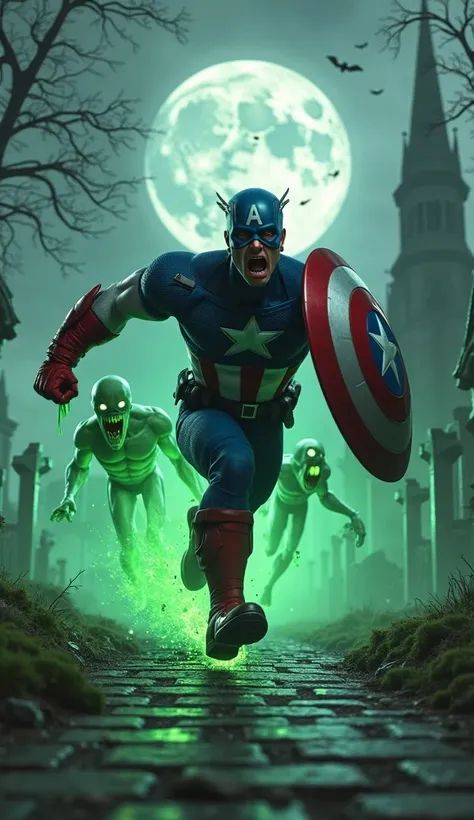 A hyper-detailed, cinematic 3D illustration of Captain America running at full speed through a foggy, haunted graveyard at night...