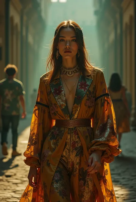 Create a visually stunning, high-fashion cinematic video inspired by the luxury brand Gucci.
The scene should blend modern eleg...