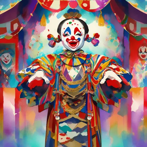 A handsome clown with elegant facial features, standing confidently in front of a Taisho-era Japanese sideshow tent, dressed in ...
