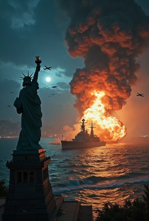 "A symbolic and dramatic scene showing a peaceful night in America, with the Statue of Liberty or a U.S. battleship in darkness,...