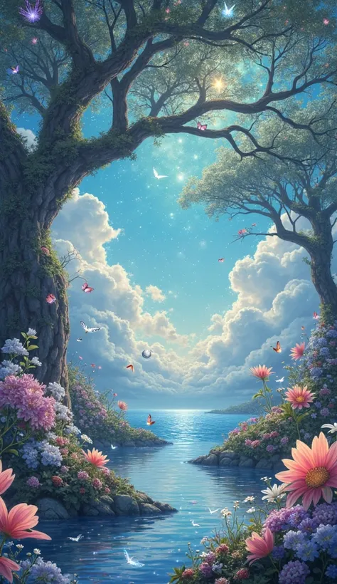 A tranquil, otherworldly paradise where the ocean floats in the sky and the stars ripple like waves. Vast gardens bloom on cloud...