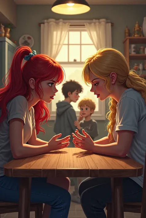 two girls , two men sitting at the kitchen table are all having a heated argument. Two boys, one of the girls with red hair and ...