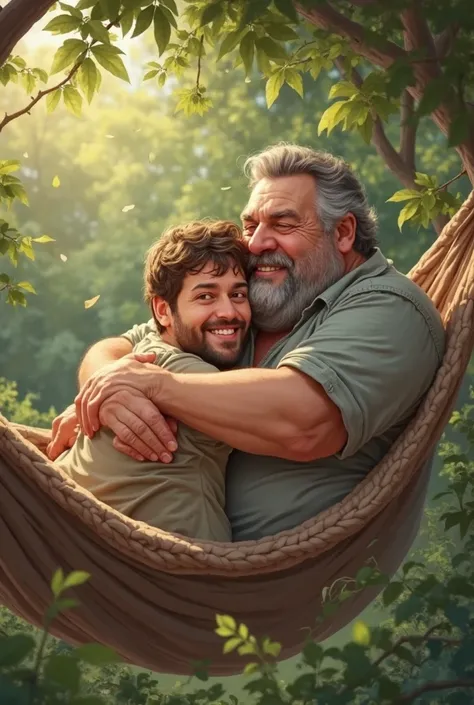 Fat 50-year-old father hugging his age son while they are lying in a hammock in the garden