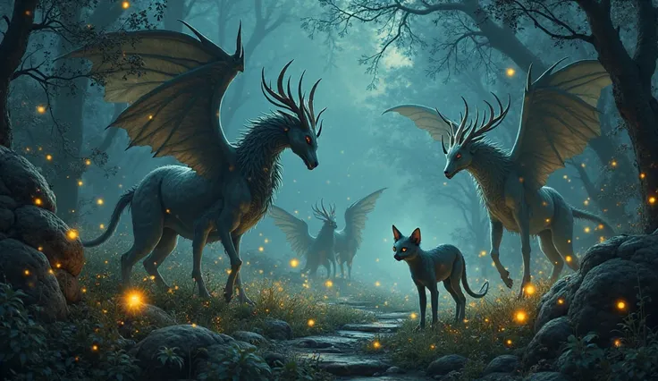 Create a 1920x240 pixel boosty cover in dark tones with mythical creatures and fireflies