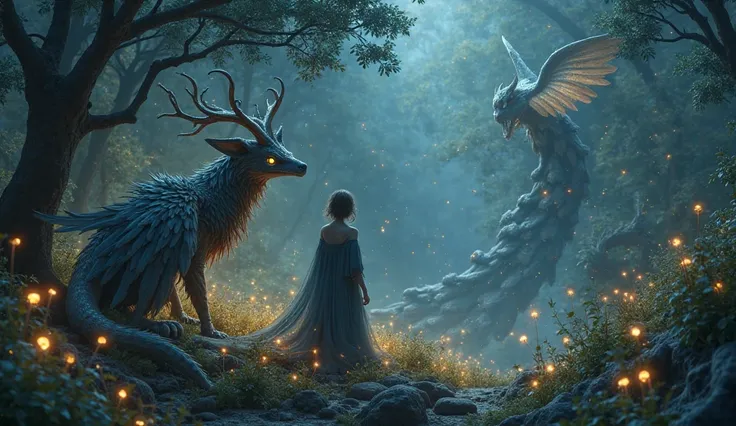 Create a 1920x240 pixel boosty cover in dark tones with mythical creatures and fireflies