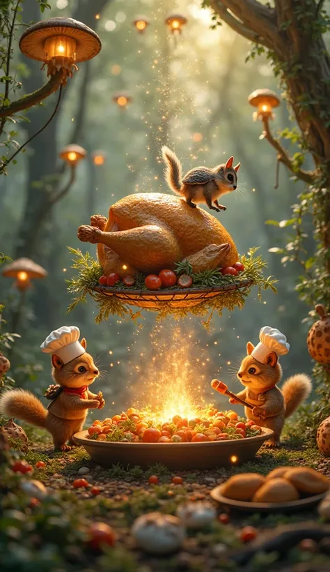 A gravity-defying roasted chicken feast floats in the heart of a glowing enchanted forest. Miniature woodland creatures dressed ...
