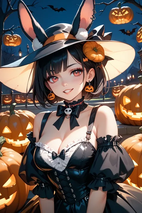 gothic Halloween girl The background looks like Halloween with pumpkins and bunnies Tight and unruly