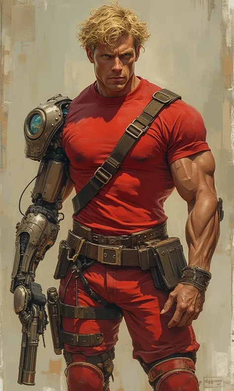 Male of approximately 30 years old with strong texture marked muscles short curly blonde hair short red shirt attached to the bo...