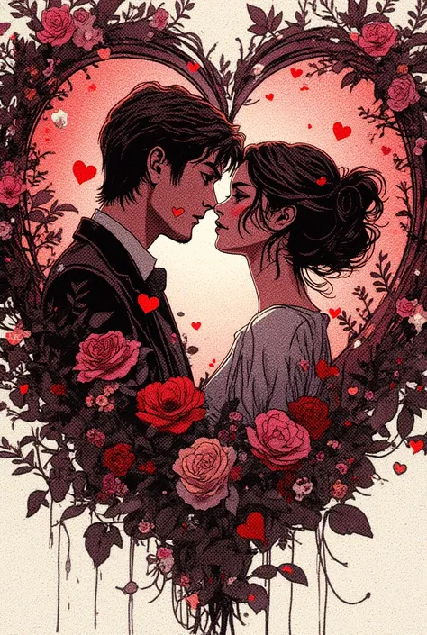 Ink illustration fantasy romanticism style, up-close couple amid hearts, influenced by Brian M Viveros and Esao Andrews, gradien...
