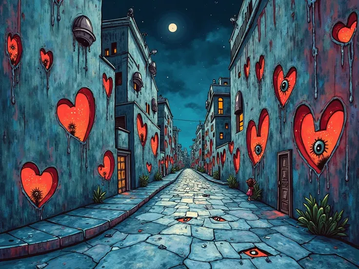 A painterly caricature-style illustration of a surreal city at night, viewed from an angled perspective with a diagonal vanishin...