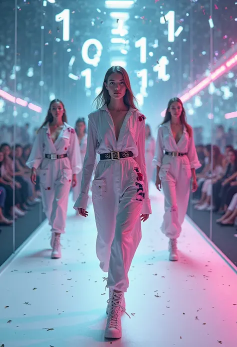 Models strutting on a catwalk surrounded by floating holographic numbers, each outfit uniquely styled with numerical motifs and ...