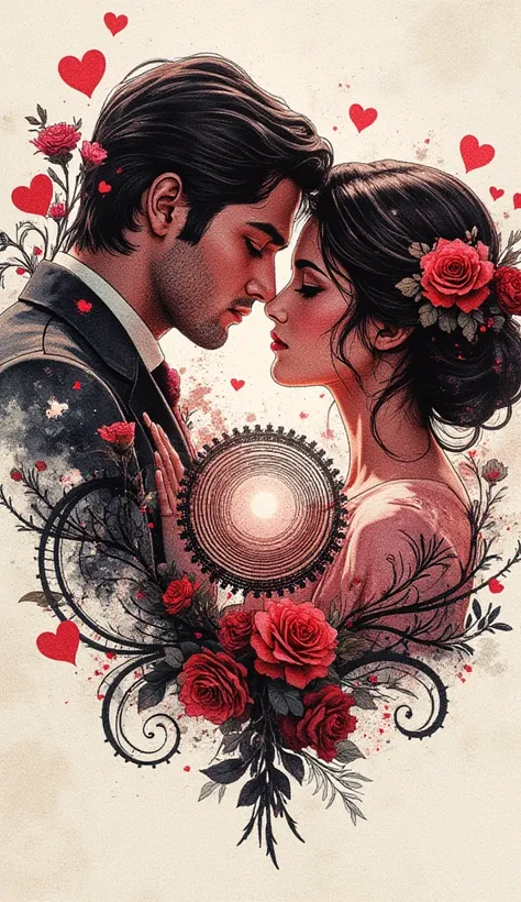 Ink illustration fantasy romanticism style, up-close couple amid hearts, influenced by Brian M Viveros and Esao Andrews, gradien...
