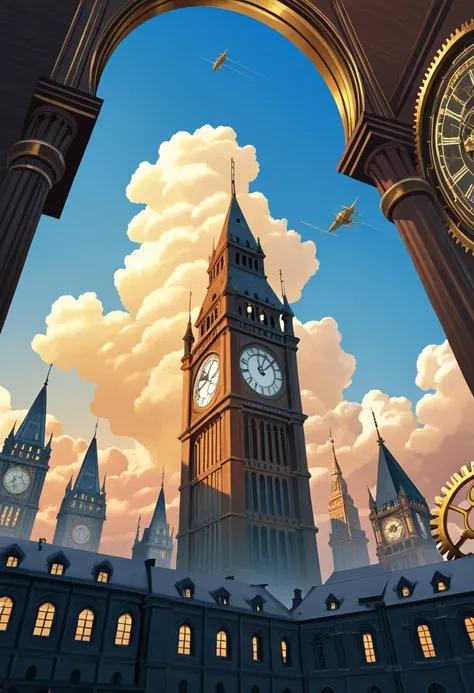 Amidst a clear blue sky dotted with fluffy clouds, an intricate steampunk cityscape unfolds, dominated by a colossal clock tower...