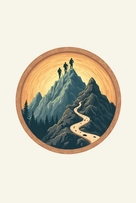 Round logo background, wood written Mountain Rock, Mountain hikers