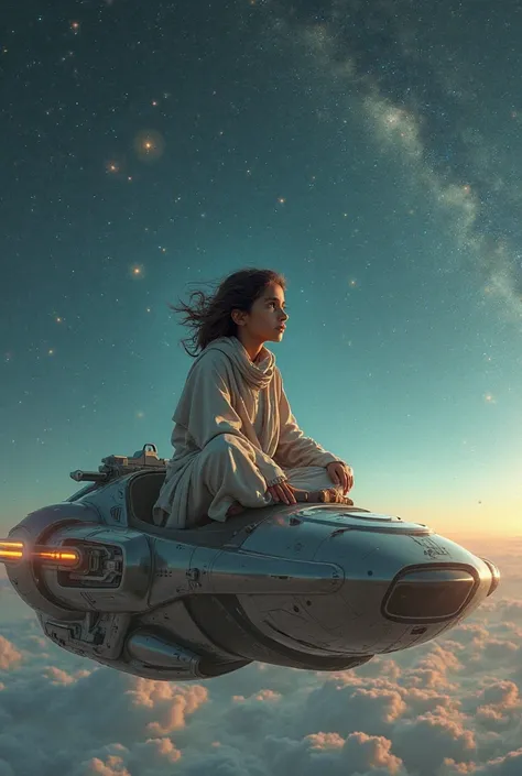 A 2000 years old pakistan boy with medium long hair wearing half hoodie sitting on a top of an car spaceship and exploring unive...