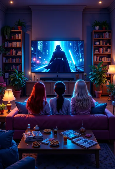 Cinematic style, Midjourney,
anime-style illustration, cinematic shot from behind of three women sitting on a cozy sofa in a dim...