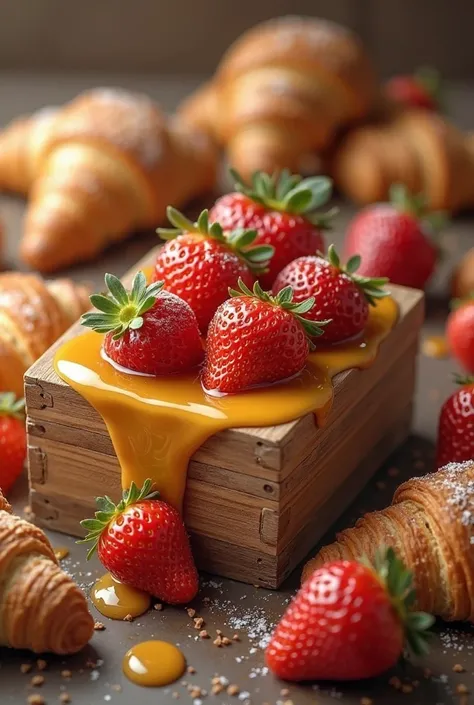 A box of honey dipped in honey liquid with strawberries and croissants
