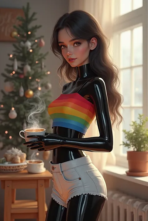 a girl trying a rainbow t-shirt and white short jeans to her full enclosed bodyfit skintight shiny black latex catsuit and holdi...