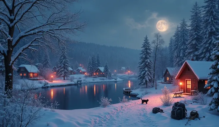 A peaceful, secluded winter village at night, completely empty of people. The scene features snow-covered trees, small cozy hous...