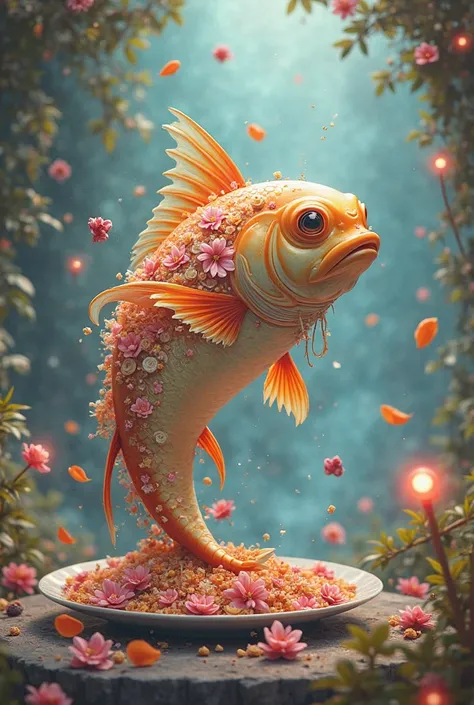 Comida, peixe com flores, rpg medieval, estranho , anime