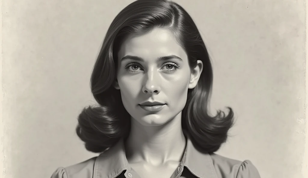 рикурс НИИИЖЕ ГРУДИ - Frontal black and white portrait of a 26-year-old white American woman, strictly below chest framing, no p...
