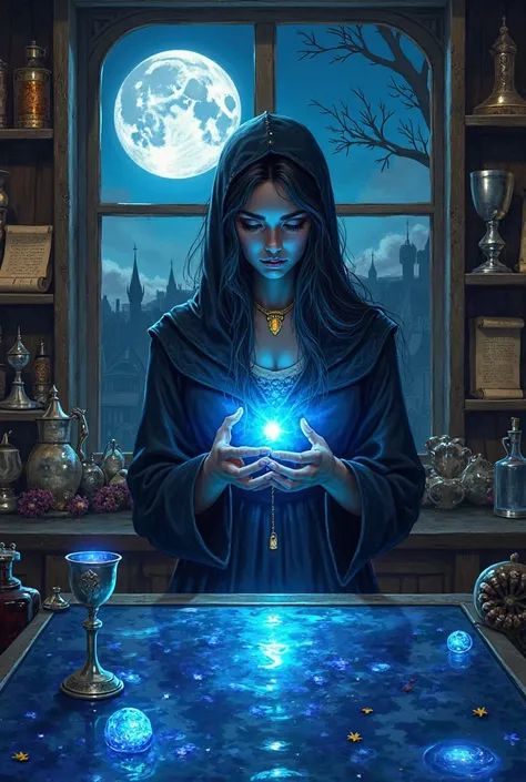 Shopkeeper, standing behind the counter, with a silvery moon. In her hands, a blue sapphire, from which blue glow flows, illumin...
