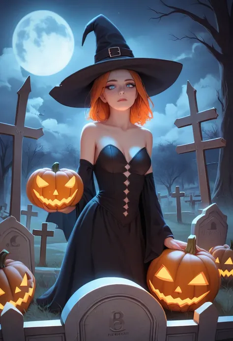 score_9, score_8_up, score_7_up, GLSHS, halloween, tombstone, graveyard, tree, moon, bare tree , 1girl, staring at viewer , blac...
