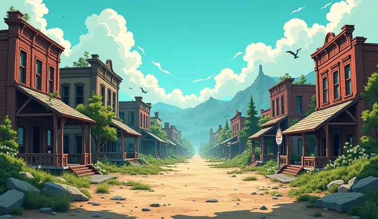 Western city abandoned long in bad shape in cartoon style, is empty without text and roblox characters