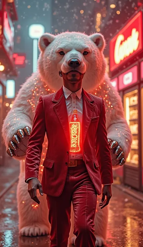 A retro-futuristic city bathed in red neon and soft steam rising from vending pipes. James Quincey wears a vintage-style red vel...