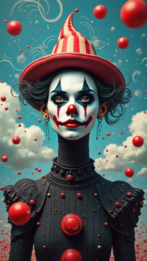 A striking image of a clown with elaborate face paint featuring a red nose, dramatic black eyeliner, and a curled mustache. The ...