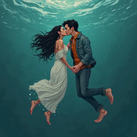 artistic illustration, of a couple floating on the bottom of the sea,  kissing, both with black hair and white skin,  her beauti...