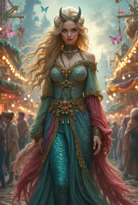 Half-fish fairground sorceress with blond hair and golden eyes in colorful robes