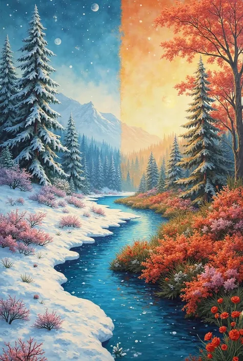 Gambar dinding , half white snowy winter , half sunny summer with flowers, litmis 4K , pelapisan , gel, akrilik , resin . ME...