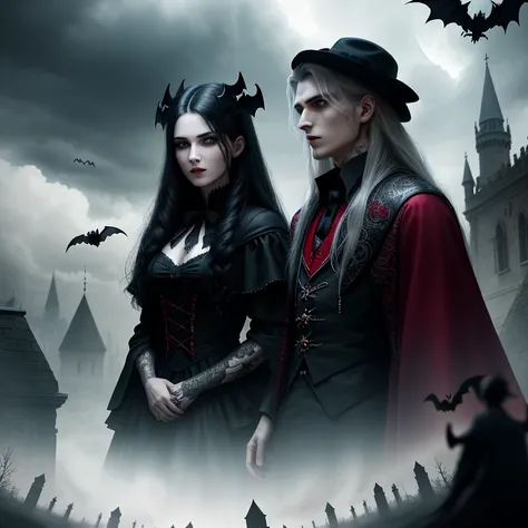Close-up of two vampires，Stay in a magnificent cemetery，（Cemetery female vampire facing the audience:1.2），（Male vampires inside ...