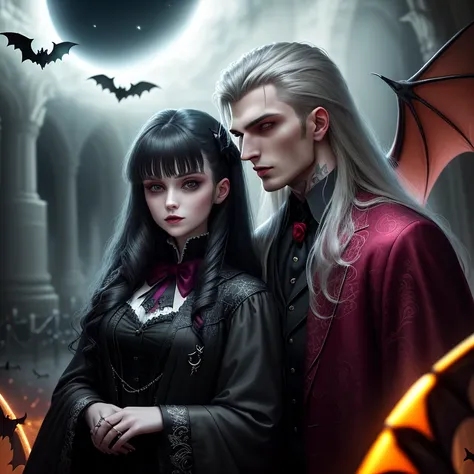 Close-up of two vampires，Stay in a magnificent cemetery，（Cemetery female vampire facing the audience:1.2），（Male vampires inside ...