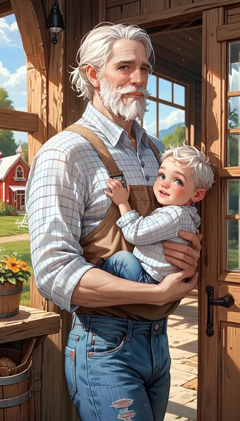 solo, old grandfather, farmer, white beard, white hair, farmer's clothing, raped jeans, carry baby, in front of the house door,...