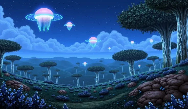 Landscape at night. Lots of floating medusas that glow on the night sky. Strange mystic flowers with fireflys. Hyperrealistic. U...