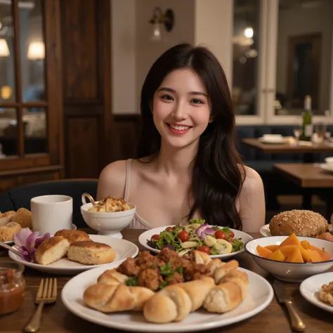 A Young Woman， Happy Laughter，sitting at the table，There are many delicacies on the table，realistic photo