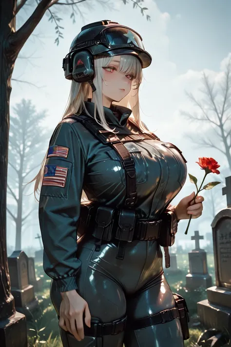 A white woman. Extremely large breasts, Extremely Thicc Curves, wearing an American soldier suit, at the graveyard, holding flow...