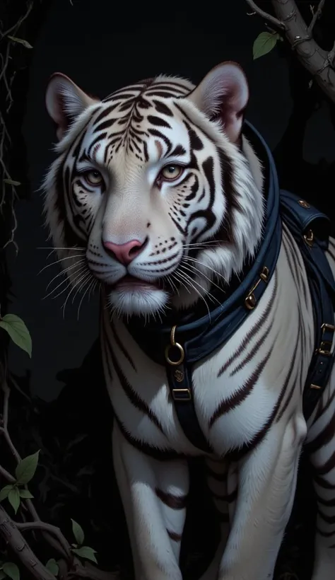 The image is a close-up of a white tiger, seen from the front, in black and white except for its eyes, which are an intense and ...