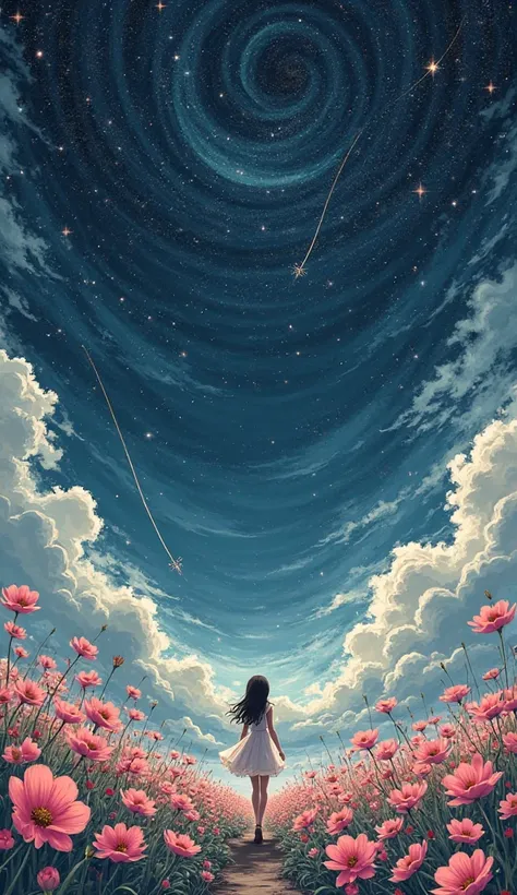 Cosmos Flower Garden Girl、Intense ink painting、 White Clouds 、 starry sky 、 shooting star、masterpiece、 best quality、