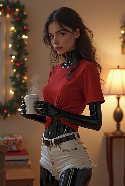 a girl trying a red t-shirt and white short jeans to her full enclosed bodyfit skintight shiny black latex catsuit and holding a...