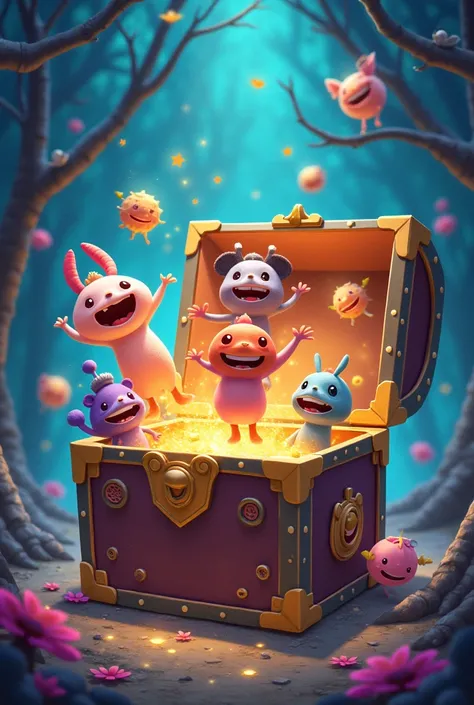 magical treasure chest that opens and from it emerges colorful and amazing magical cartoon characters ren. High quality, high de...