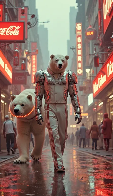 A retro-futuristic city filled with floating Coke bottles and neon signs. James Quincey walks in a classic white suit with red s...