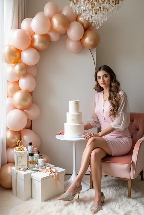 A dream birthday corner in a neutral-toned modern room. A pearl-white arch backdrop is styled with balloon garlands in matte blu...