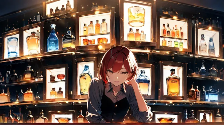((masterpiece, Perfect Anatomy)), solo, 1 girl, stare at the viewer, Smiling, Atmospheric bar, Dimly lit bar, bartenders are mak...