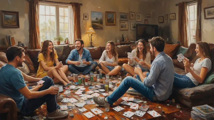 A group of friends playing cards in a messy living room, drinks and laughter all around, oil painting, 2D abstract style
