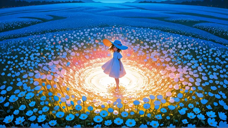 Girl, white dress, sunhat, standing in the middle of wild flowers field, lots of flower, colorful, beautiful, whhimsical, magica...